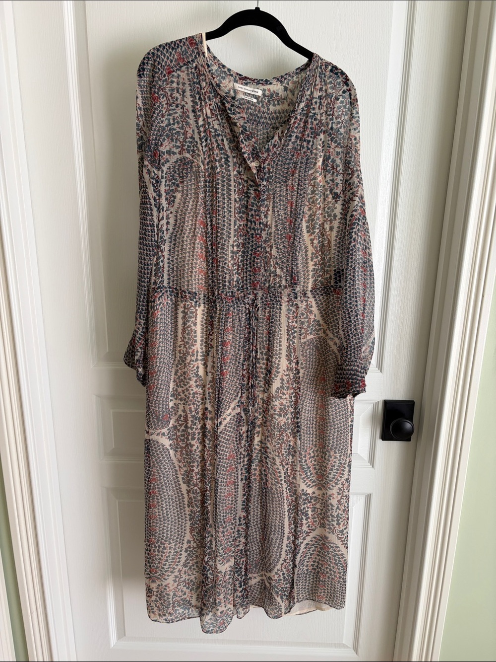 Isabel Marant Etoile Sheer Long-Sleeve Printed Midi Dress in Beige and teal blue